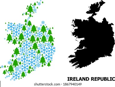 Vector mosaic map of Ireland Republic organized for New Year, Christmas, and winter. Mosaic map of Ireland Republic is organized from snowflakes and fir trees.