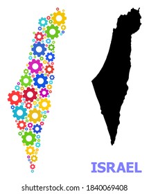 Vector mosaic map of Israel constructed for workshops. Mosaic map of Israel is done of randomized bright gears. Engineering components in bright colors.