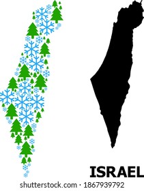 Vector mosaic map of Israel created for New Year, Christmas, and winter. Mosaic map of Israel is made from snowflakes and fir trees. Winter related items are united into abstract mosaic map of Israel.