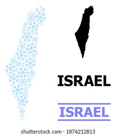 Vector mosaic map of Israel organized for New Year, Christmas celebration, and winter. Mosaic map of Israel is made from light blue snow items. Design template for political and New Year posters.