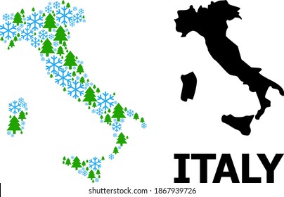Vector mosaic map of Italy designed for New Year, Christmas, and winter. Mosaic map of Italy is designed of snow flakes and fir trees.