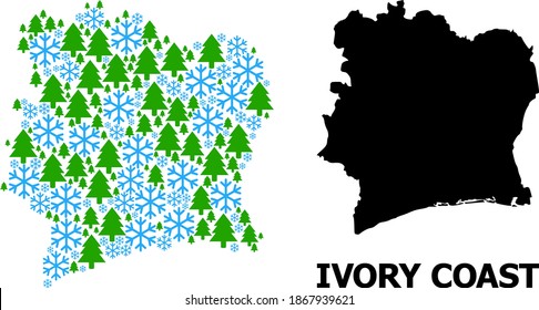 Vektormosaikkarte der Elfenbeinküste für Neujahr, Weihnachten und Winter. Die Mosaikkarte der Elfenbeinküste ist von Schneeflocken und Tannenbäumen organisiert.
