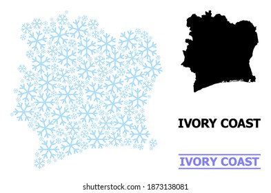 Vector mosaic map of Ivory Coast created for New Year, Christmas celebration, and winter. Mosaic map of Ivory Coast is created of light blue snow flakes.