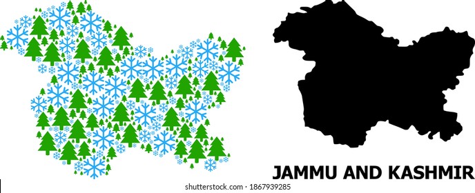 Mapa vectorial del mosaico del estado de Jammu y Cachemira organizado para Año Nuevo, Navidad e invierno. El mapa mosaico del estado de Jammu y Cachemira está organizado con copos de nieve y abetos.