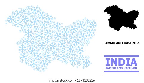 Vector mosaic map of Jammu and Kashmir State constructed for New Year, Christmas celebration, and winter. Mosaic map of Jammu and Kashmir State is created from light blue snow elements.