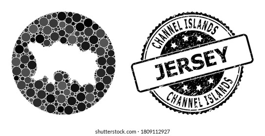 Vector mosaic map of Jersey Island of round elements, and gray rubber seal. Hole round map of Jersey Island collage composed with circles in various sizes, and dark gray shades.