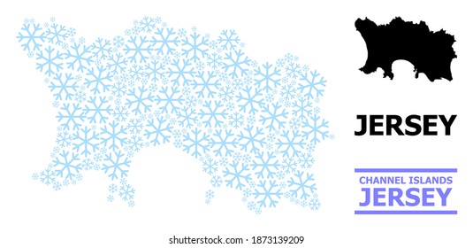 Vector mosaic map of Jersey Island designed for New Year, Christmas celebration, and winter. Mosaic map of Jersey Island is formed with light blue ice crystals.