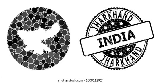 Vector mosaic map of Jharkhand State of circle dots, and gray scratched seal. Hole circle map of Jharkhand State collage created with circles in variable sizes, and dark gray color tinges.