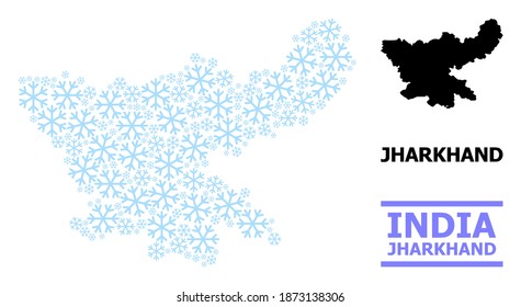 Vector mosaic map of Jharkhand State combined for New Year, Christmas celebration, and winter. Mosaic map of Jharkhand State is designed with light blue snow parts.