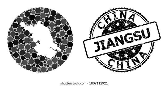 Vector mosaic map of Jiangsu Province with round elements, and grey rubber stamp. Stencil round map of Jiangsu Province collage formed with circles in various sizes, and dark grey shades.