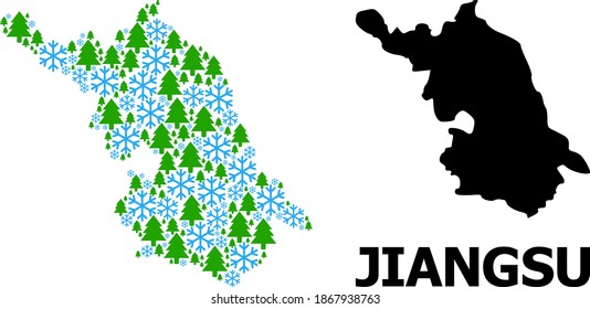 Vector mosaic Map of Jiangsu Province designed for New Year, Christmas, and winter. Mosaic Map of Jiangsu Province is designed with snow flakes and fir forest.