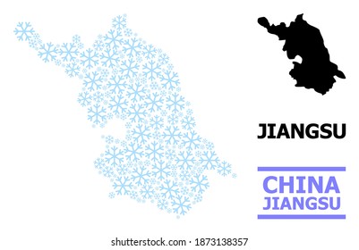 Mapa de mosaicos vectoriales de la provincia de Jiangsu creado para Año Nuevo, celebración de Navidad e invierno. El Mapa Mosaico de la provincia de Jiangsu está hecho de cristales de hielo azul claro.