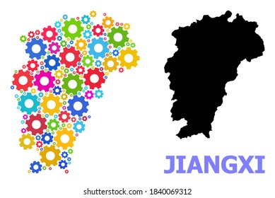 Vector mosaic Map of Jiangxi Province done for engineering. Mosaic Map of Jiangxi Province is organized of scattered bright wheels. Engineering items in bright colors.