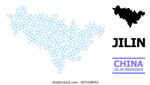 Mapa vectorial de mosaico de la provincia de Jilin combinado para Año Nuevo, Navidad y invierno. El mapa mosaico de la provincia de Jilin está construido con elementos de nieve azul claro.