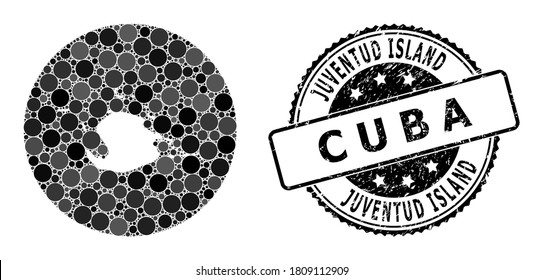 Vector mosaic map of Juventud Island with circle elements, and grey grunge seal. Stencil circle map of Juventud Island collage created with circles in variable sizes, and dark grey color tinges.