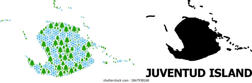 Vector mosaic map of Juventud Island created for New Year, Christmas, and winter. Mosaic map of Juventud Island is made with snow flakes and fir-trees.