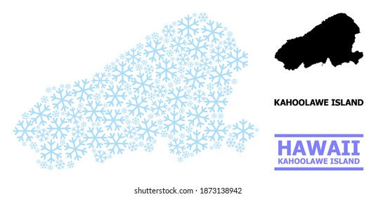Vektormosaikkarte der Insel Kahoolawe für Neujahr, Weihnachtsfeiern und Winter. Die Mosaikkarte der Insel Kahoolawe ist aus hellblauen Schneegegenständen.