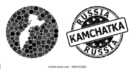 Vector mosaic map of Kamchatka Peninsula from circle items, and grey grunge seal. Subtraction circle map of Kamchatka Peninsula collage formed with circles in variable sizes, and dark grey color hues.