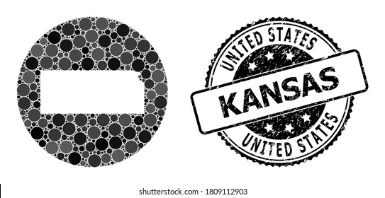 Vector mosaic map of Kansas State from circle elements, and grey rubber seal. Subtraction circle map of Kansas State collage composed with circles in different sizes, and dark gray color tones.