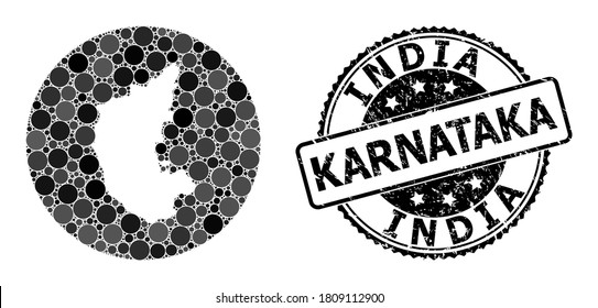 Vector mosaic map of Karnataka State of spheric elements, and grey watermark seal stamp. Stencil round map of Karnataka State collage created with circles in variable sizes, and dark grey color hues.