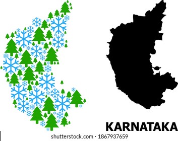 Vector mosaic map of Karnataka State created for New Year, Christmas, and winter. Mosaic map of Karnataka State is done of snowflakes and fir-trees.
