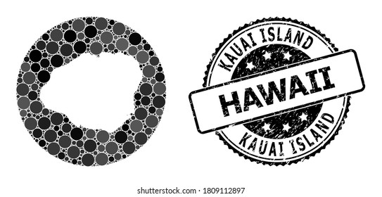 Vector mosaic map of Kauai Island with circle dots, and gray scratched stamp. Hole circle map of Kauai Island collage composed with circles in different sizes, and dark grey color tones.