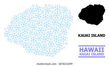 Vector mosaic map of Kauai Island done for New Year, Christmas celebration, and winter. Mosaic map of Kauai Island is done with light blue snowflakes.