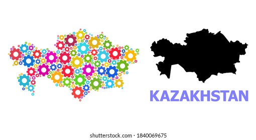 Vector mosaic map of Kazakhstan constructed for engineering. Mosaic map of Kazakhstan is created of randomized multi-colored wheels. Engineering items in bright colors.