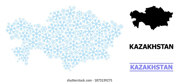 Vector mosaic map of Kazakhstan created for New Year, Christmas celebration, and winter. Mosaic map of Kazakhstan is organized from light blue snow items.