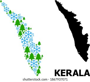 Vector mosaic map of Kerala State designed for New Year, Christmas, and winter. Mosaic map of Kerala State is designed of snow flakes and fir trees.