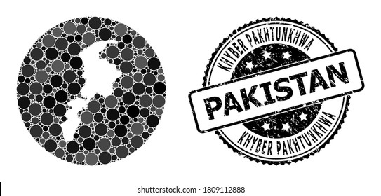 Vector mosaic map of Khyber Pakhtunkhwa Province with round elements, and grey watermark seal. Stencil round map of Khyber Pakhtunkhwa Province collage designed with circles in various sizes,