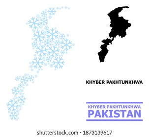 Vector mosaic map of Khyber Pakhtunkhwa Province organized for New Year, Christmas celebration, and winter. Mosaic map of Khyber Pakhtunkhwa Province is designed with light blue snow icons.