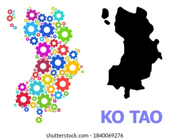 Vector mosaic map of Ko Tao designed for engineering. Mosaic map of Ko Tao is constructed of randomized colorful wheels. Engineering components in bright colors.