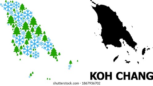Vector mosaic map of Koh Chang done for New Year, Christmas, and winter. Mosaic map of Koh Chang is organized with snowflakes and fir forest.