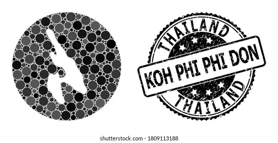 Vector mosaic map of Koh Phi Don of round elements, and grey watermark seal. Subtraction circle map of Koh Phi Don collage designed with circles in various sizes, and dark grey shades.