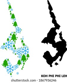 Vector mosaic map of Koh Phi Leh created for New Year, Christmas, and winter. Mosaic map of Koh Phi Leh is done with snowflakes and fir-trees.