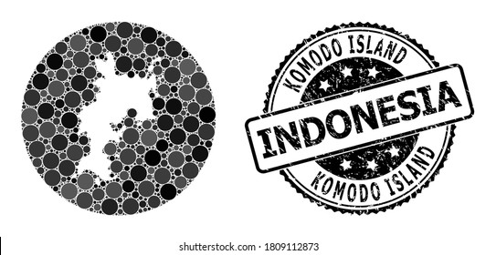 Mapa vectorial de mosaico de la isla de Komodo a partir de elementos de círculo y sello de la marca de agua gris. Mapa del círculo de subtracción del collage de la isla Komodo diseñado con círculos de varios tamaños y tonos de color gris oscuro.