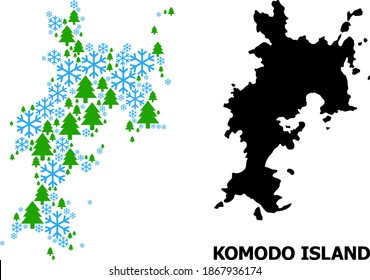 Vector mosaic map of Komodo Island organized for New Year, Christmas, and winter. Mosaic map of Komodo Island is organized with snow flakes and fir-trees.