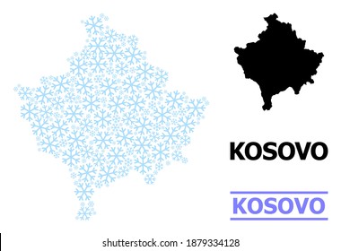 Vektormosaikkarte des Kosovo, organisiert für Neujahr, Weihnachtsfeiern und Winter. Die Mosaikkarte des Kosovo ist aus hellblauen Schneesymbolen organisiert.
