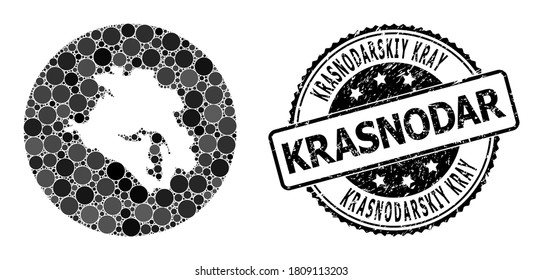 Vektormosaikkarte von Krasnodarskiy Kray von Kreisartikeln und grauem Wasserzeichen-Siegel. Stencil-Circle-Karte von Krasnodarskiy Kray Collage, bestehend aus Kreisen verschiedener Größen,