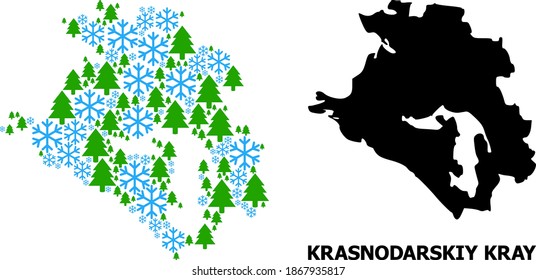 Vektormosaikkarte von Krasnodarskiy Kray kombiniert für Neujahr, Weihnachten und Winter. Die Mosaikkarte von Krasnodarskiy Kray ist aus Schnee und Tannenwald entworfen.