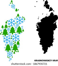 Mapa de mosaico vectorial de Krasnoyarskiy Kray creado para Año Nuevo, Navidad e invierno. El mapa mosaico de Krasnoyarskiy Kray se crea con nieve y bosque de abetos.