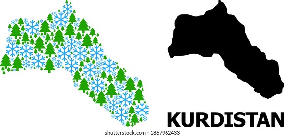 Vector mosaic map of Kurdistan created for New Year, Christmas, and winter. Mosaic map of Kurdistan is created of snow and fir-trees.