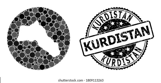 Vector mosaic map of Kurdistan with spheric items, and grey rubber seal. Hole round map of Kurdistan collage composed with circles in various sizes, and dark grey shades.
