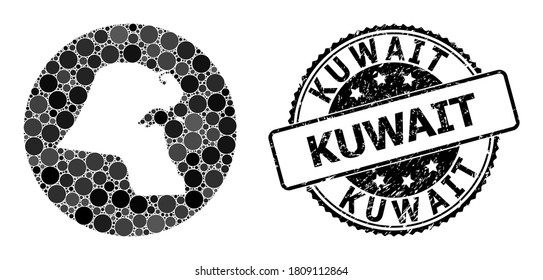 Vector mosaic map of Kuwait of circle blots, and gray watermark seal stamp. Hole circle map of Kuwait collage designed with circles in different sizes, and dark gray color tints.