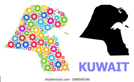 Vektormosaik Karte von Kuwait organisiert für industrielle Anwendungen. Die Mosaikkarte Kuwaits ist aus verstreuten, hellen Rädern entstanden. Ingenieurskunst in hellen Farben.