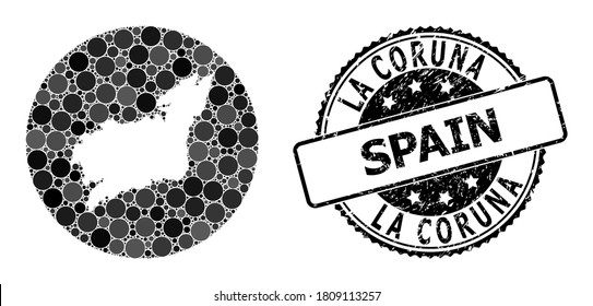 Vector mosaic map of La Coruna Province with spheric dots, and grey grunge seal. Subtraction circle map of La Coruna Province collage composed with circles in various sizes, and dark grey shades.