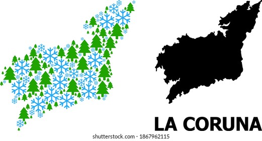 Vector mosaic map of La Coruna Province done for New Year, Christmas, and winter. Mosaic map of La Coruna Province is constructed with snow and fir-trees.