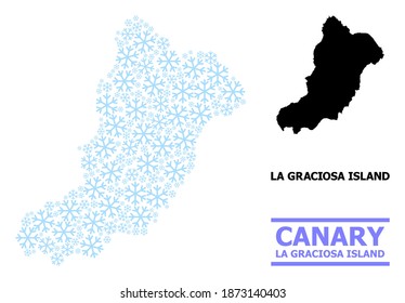 Vector mosaic map of La Graciosa Island constructed for New Year, Christmas celebration, and winter. Mosaic map of La Graciosa Island is constructed of light blue snow icons.