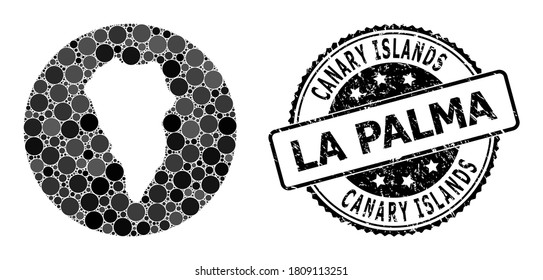 Vector mosaic map of La Palma Island with spheric blots, and grey scratched seal stamp. Subtraction round map of La Palma Island collage designed with circles in various sizes,